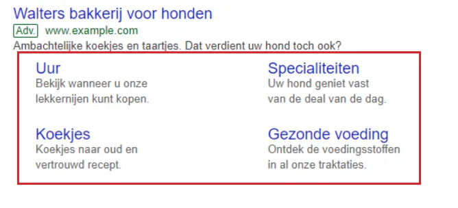 Sitelinkextensie als voorbeeld weergegeven