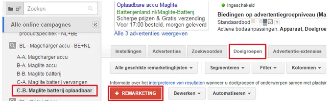 Schermafbeelding: remarketing lijst toevoegen aan een campagne