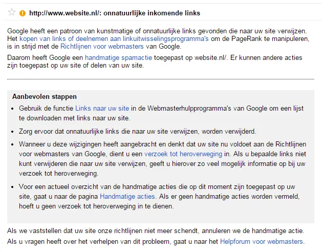 Voorbeeld van de melding van een Google  Penalty in Google  Search Console