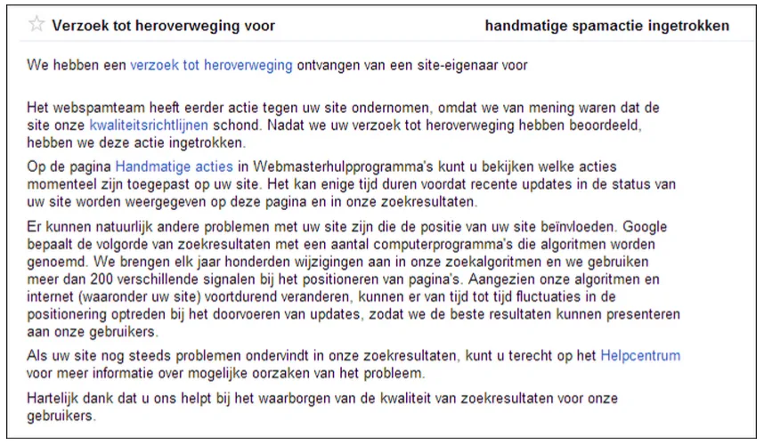 Voorbeeld bericht dat de Google Penalty is ingetrokken