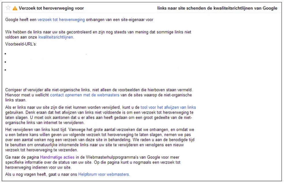 Voorbeeld bericht dat Google Penalty nog actief is